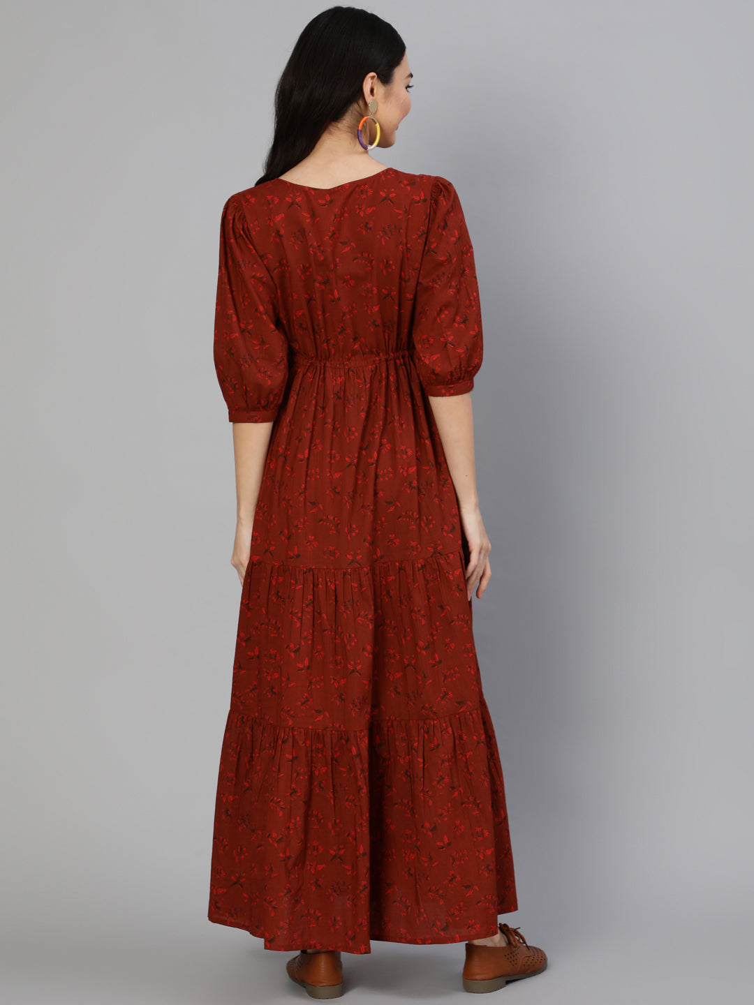 Women Maroon Printed Tiered Dress With Three Quarter Sleeves | NOZ2TOZ - Made In INDIA.