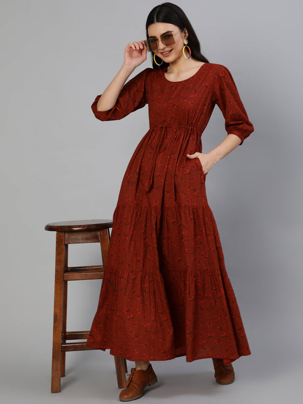 Women Maroon Printed Tiered Dress With Three Quarter Sleeves | NOZ2TOZ - Made In INDIA.