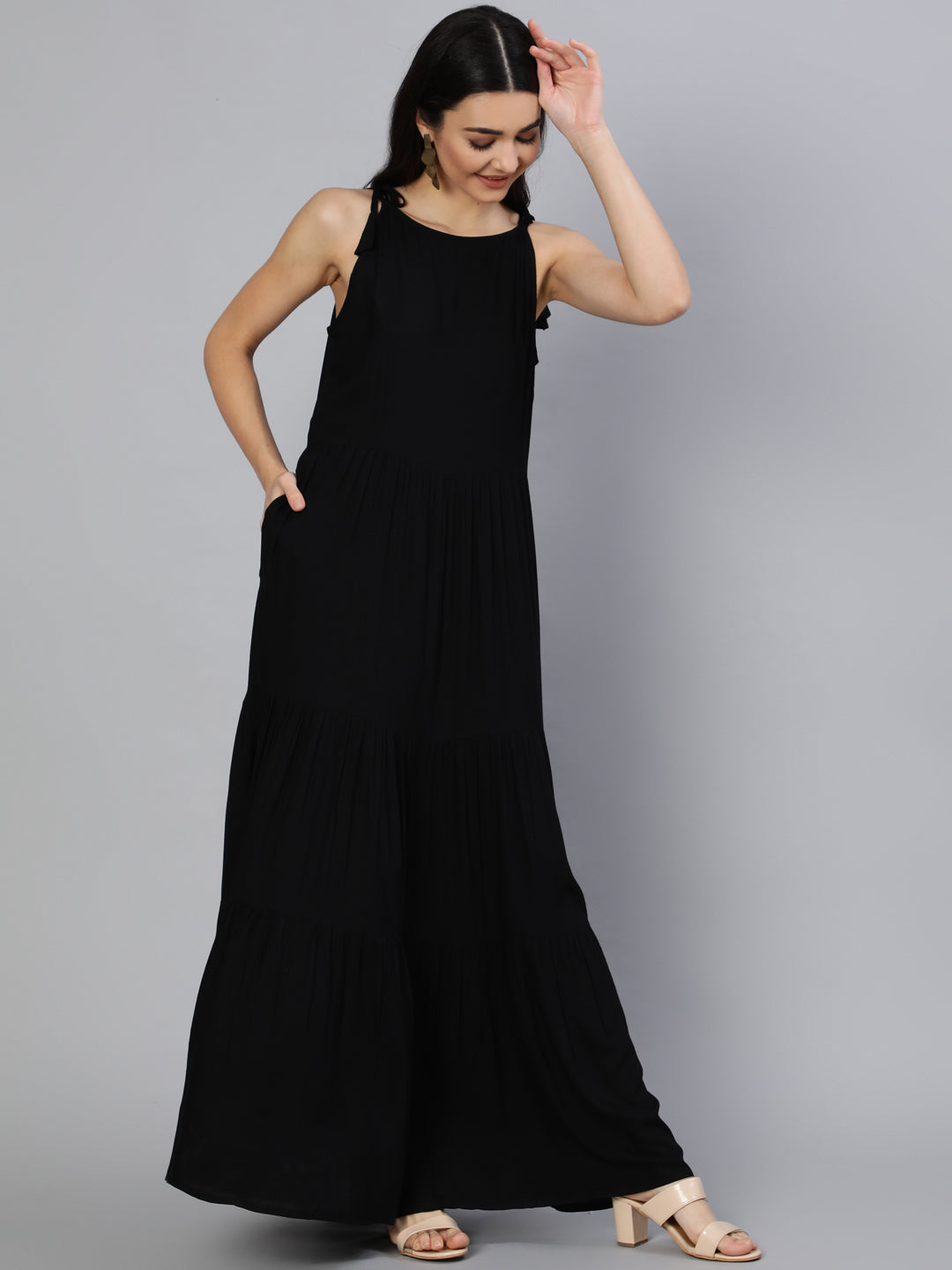 Women Black Halter Neck Tiered Dress | NOZ2TOZ - Made In INDIA.