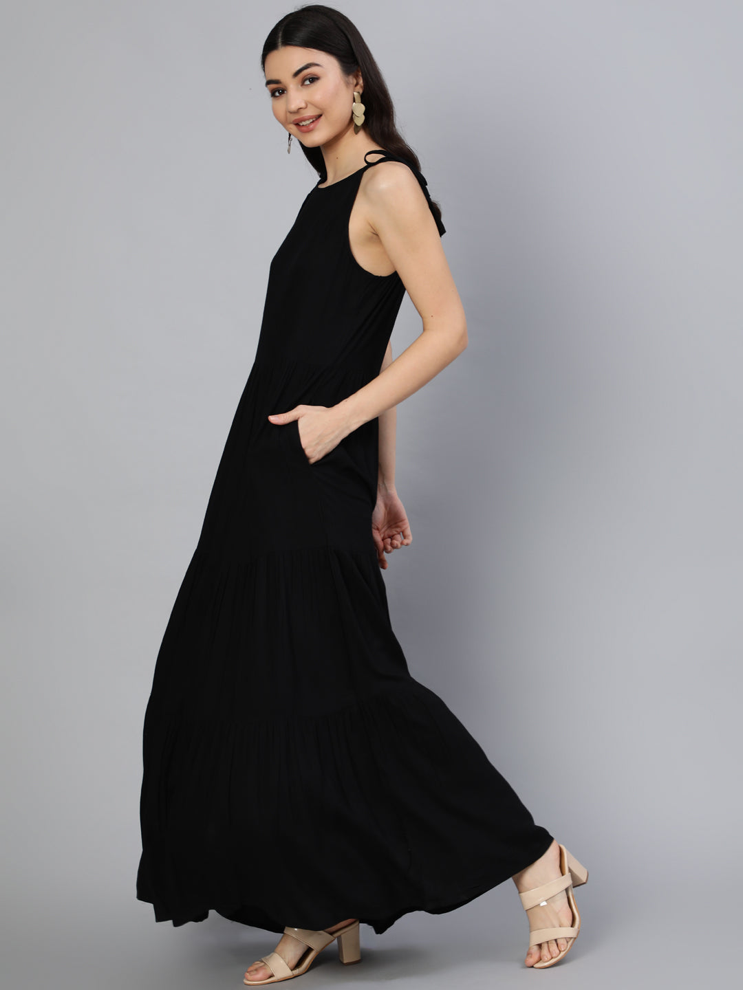 Women Black Halter Neck Tiered Dress | NOZ2TOZ - Made In INDIA.