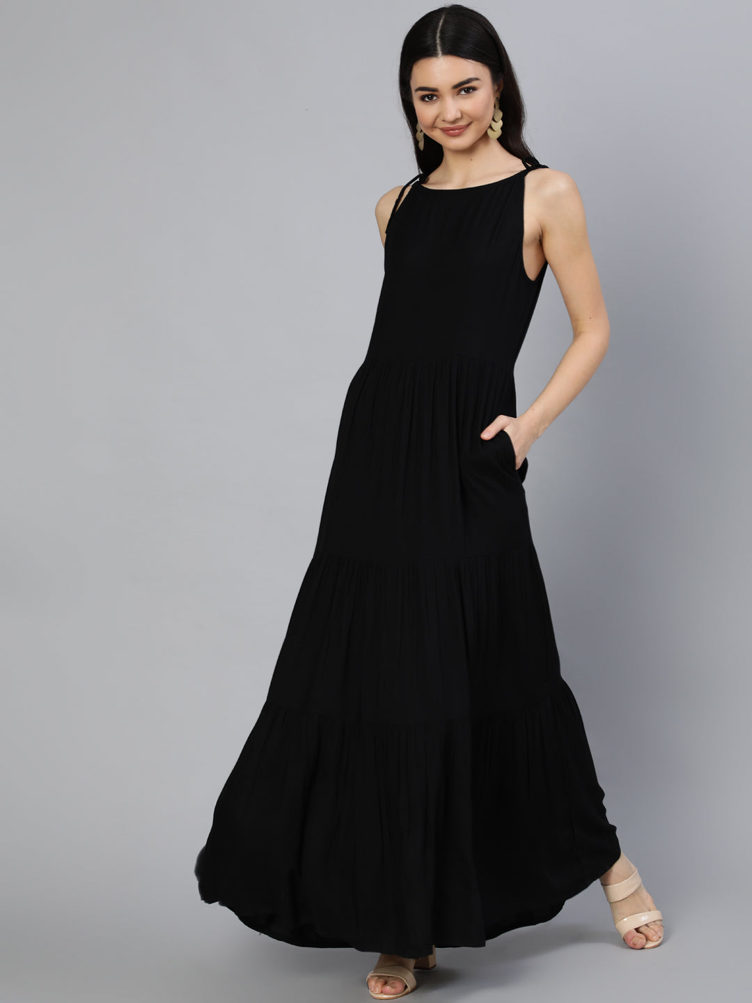 Women Black Halter Neck Tiered Dress | NOZ2TOZ - Made In INDIA.