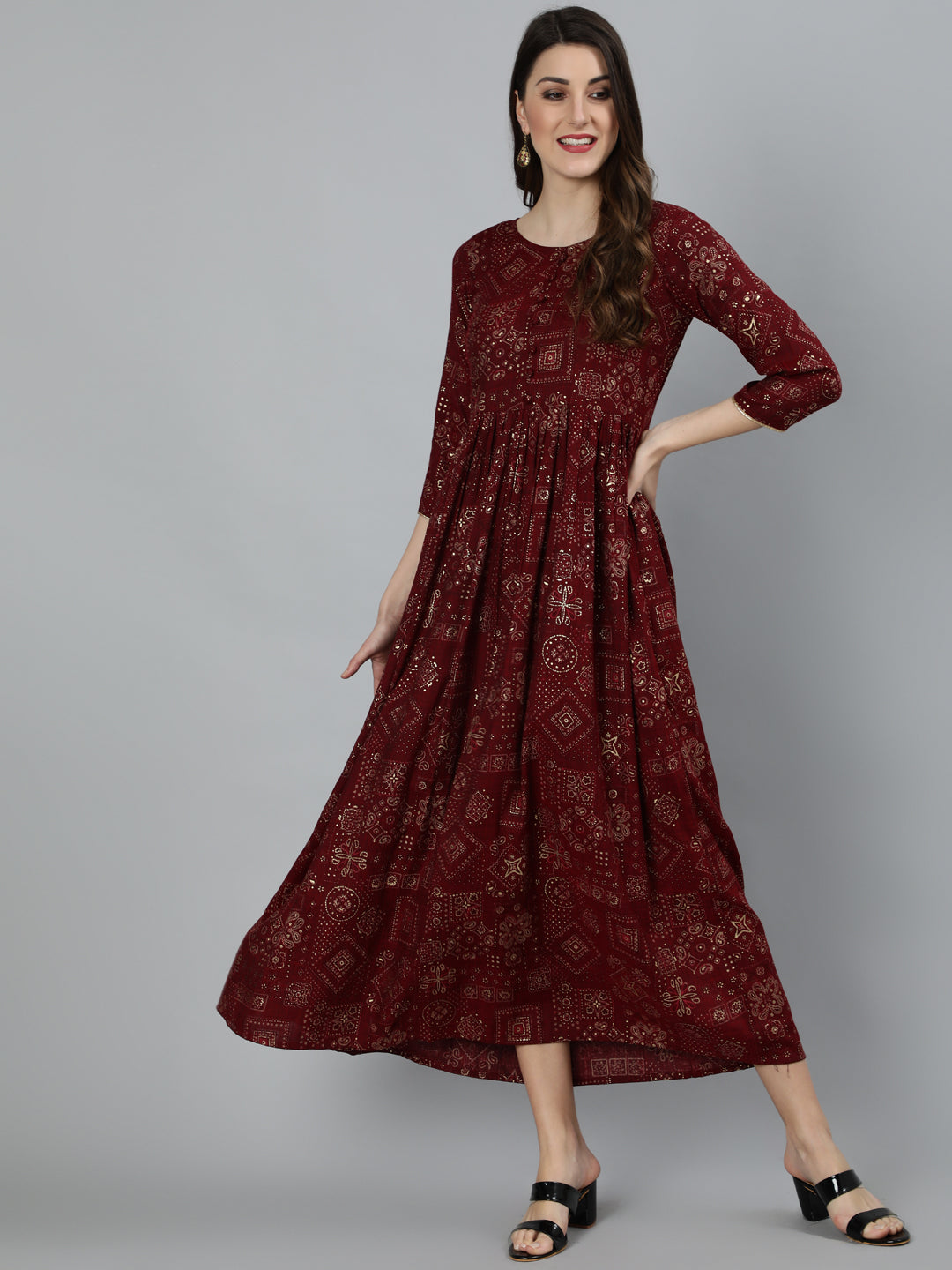 Women Maroon Ethnic Motif Printed Dress With Three Quarter Sleeves | NOZ2TOZ - Made In INDIA.