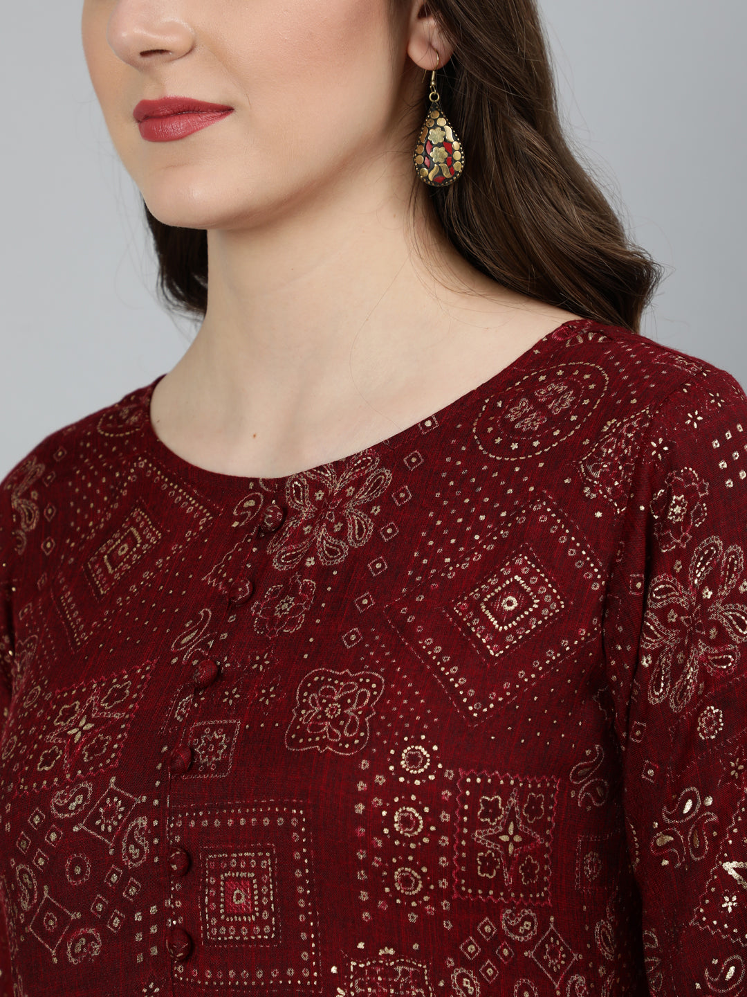 Women Maroon Ethnic Motif Printed Dress With Three Quarter Sleeves | NOZ2TOZ - Made In INDIA.