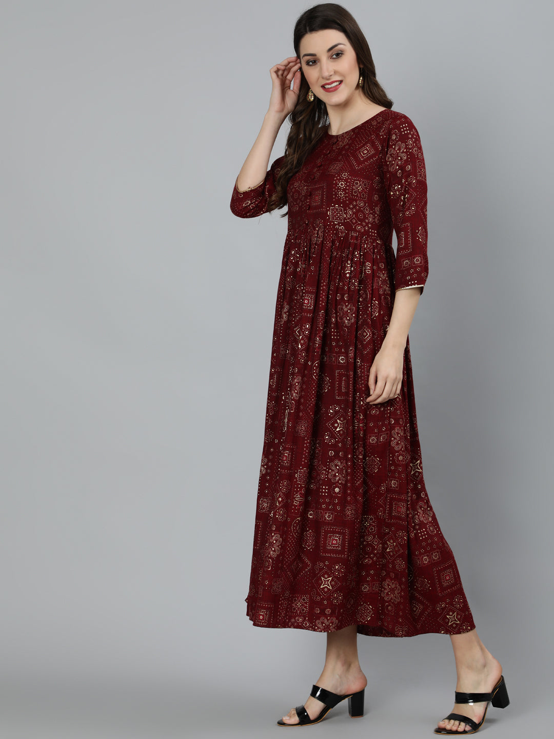 Women Maroon Ethnic Motif Printed Dress With Three Quarter Sleeves | NOZ2TOZ - Made In INDIA.