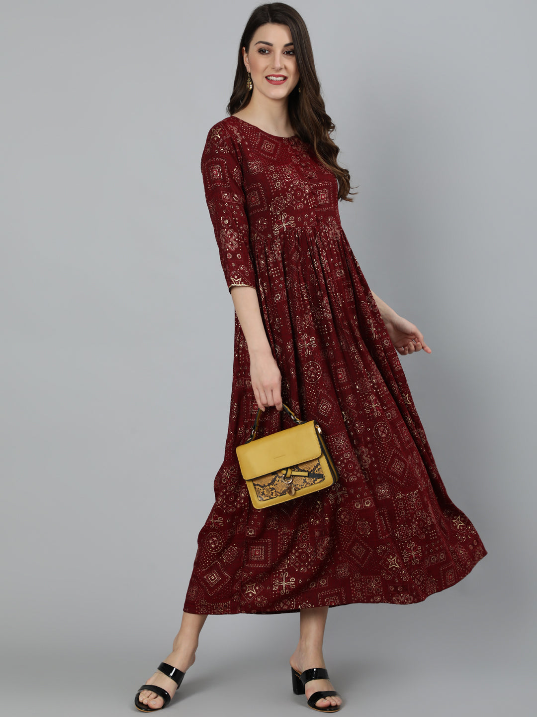 Women Maroon Ethnic Motif Printed Dress With Three Quarter Sleeves | NOZ2TOZ - Made In INDIA.