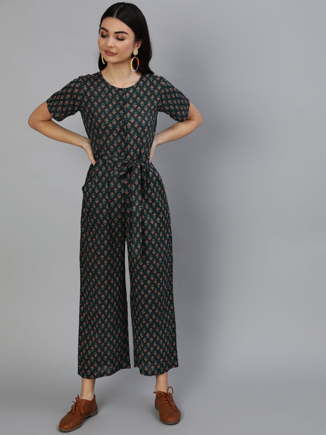 Women Green Printed Jumpsuit With Side pockets | NOZ2TOZ - Made In INDIA.