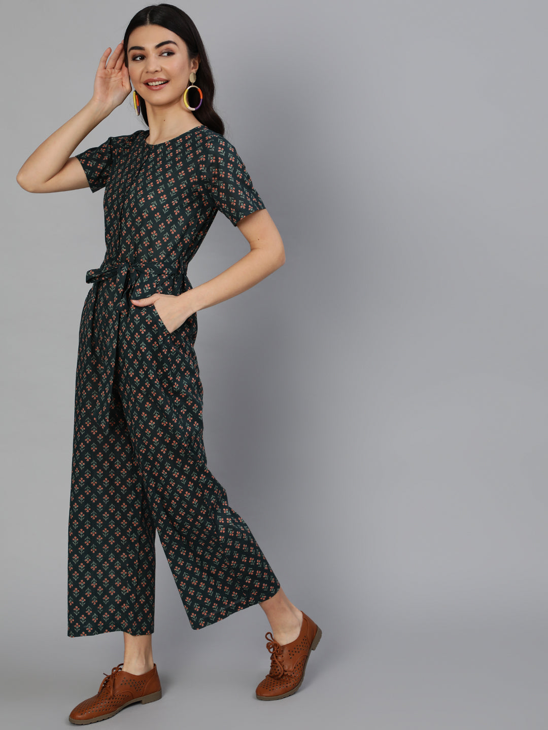 Women Green Printed Jumpsuit With Side pockets | NOZ2TOZ - Made In INDIA.