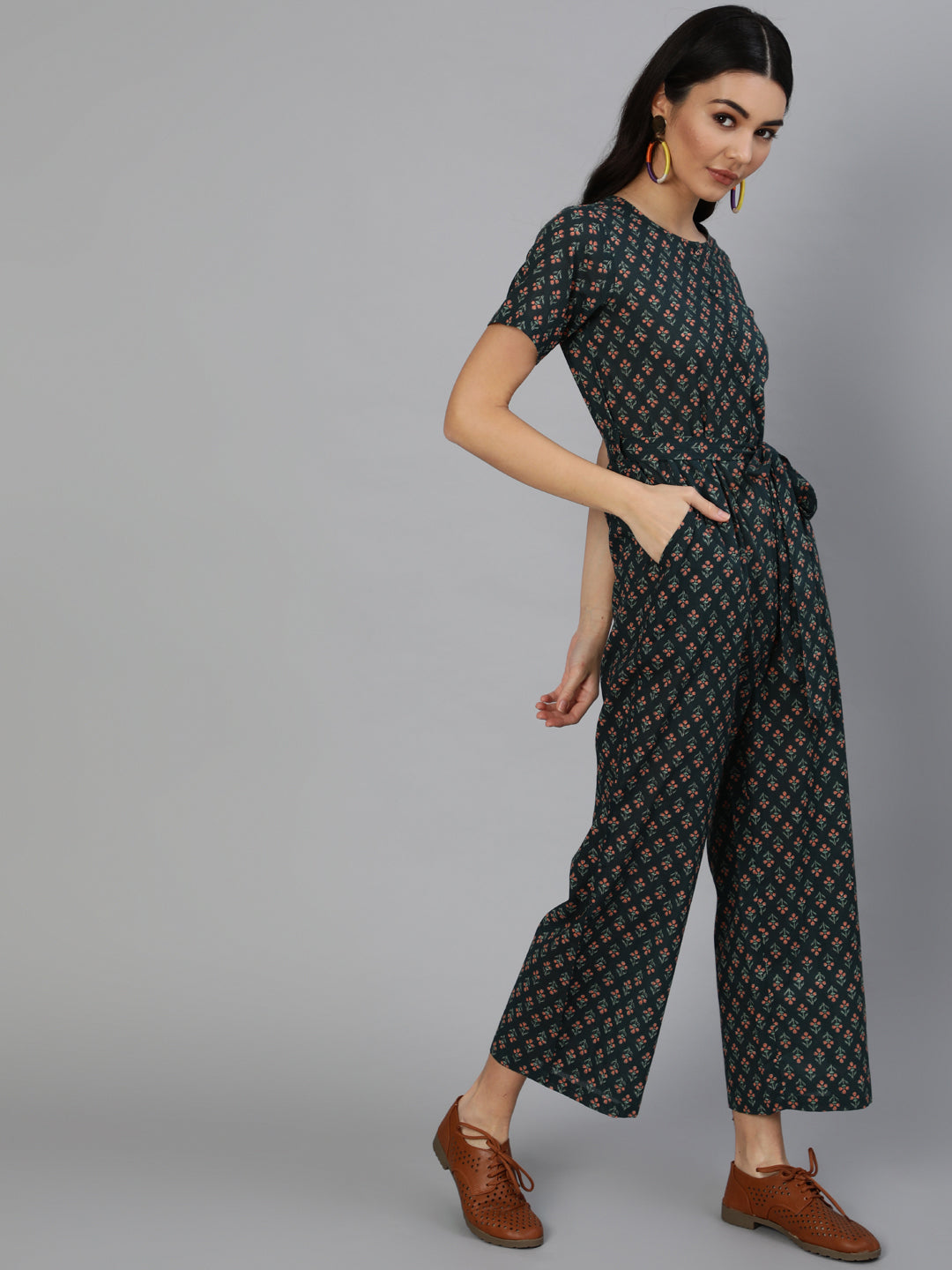 Women Green Printed Jumpsuit With Side pockets | NOZ2TOZ - Made In INDIA.