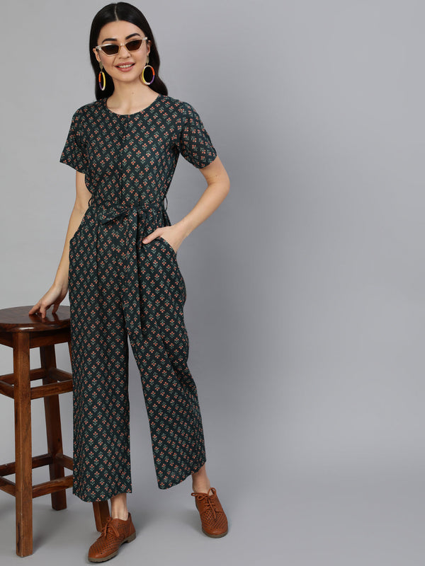 Women Green Printed Jumpsuit With Side pockets | NOZ2TOZ - Made In INDIA.