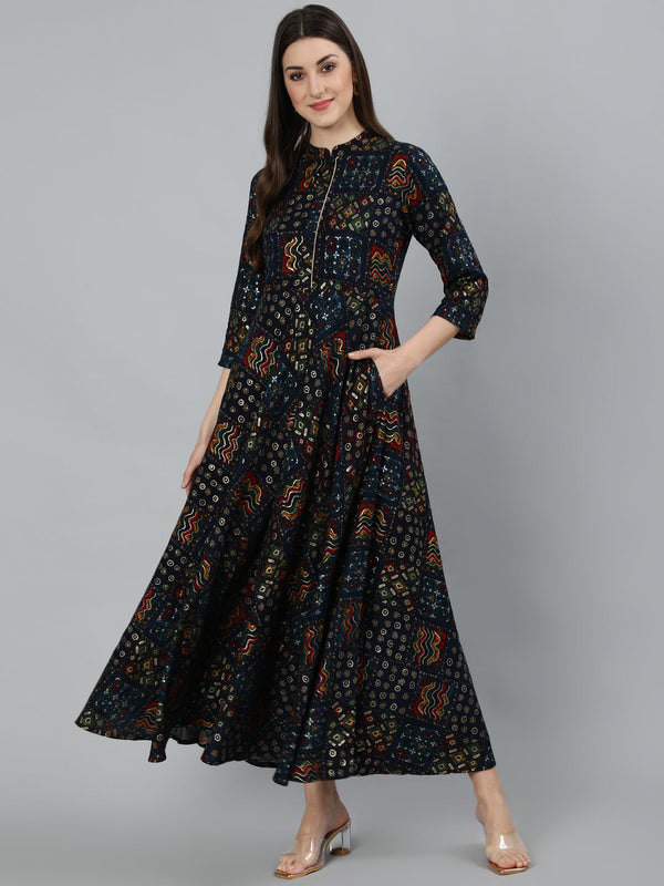 Women Navy Blue Geometric Printed Dress With Three Quarter Sleeves | NOZ2TOZ - Made In INDIA.