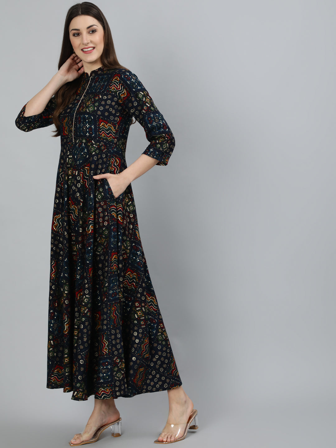 Women Navy Blue Geometric Printed Dress With Three Quarter Sleeves | NOZ2TOZ - Made In INDIA.