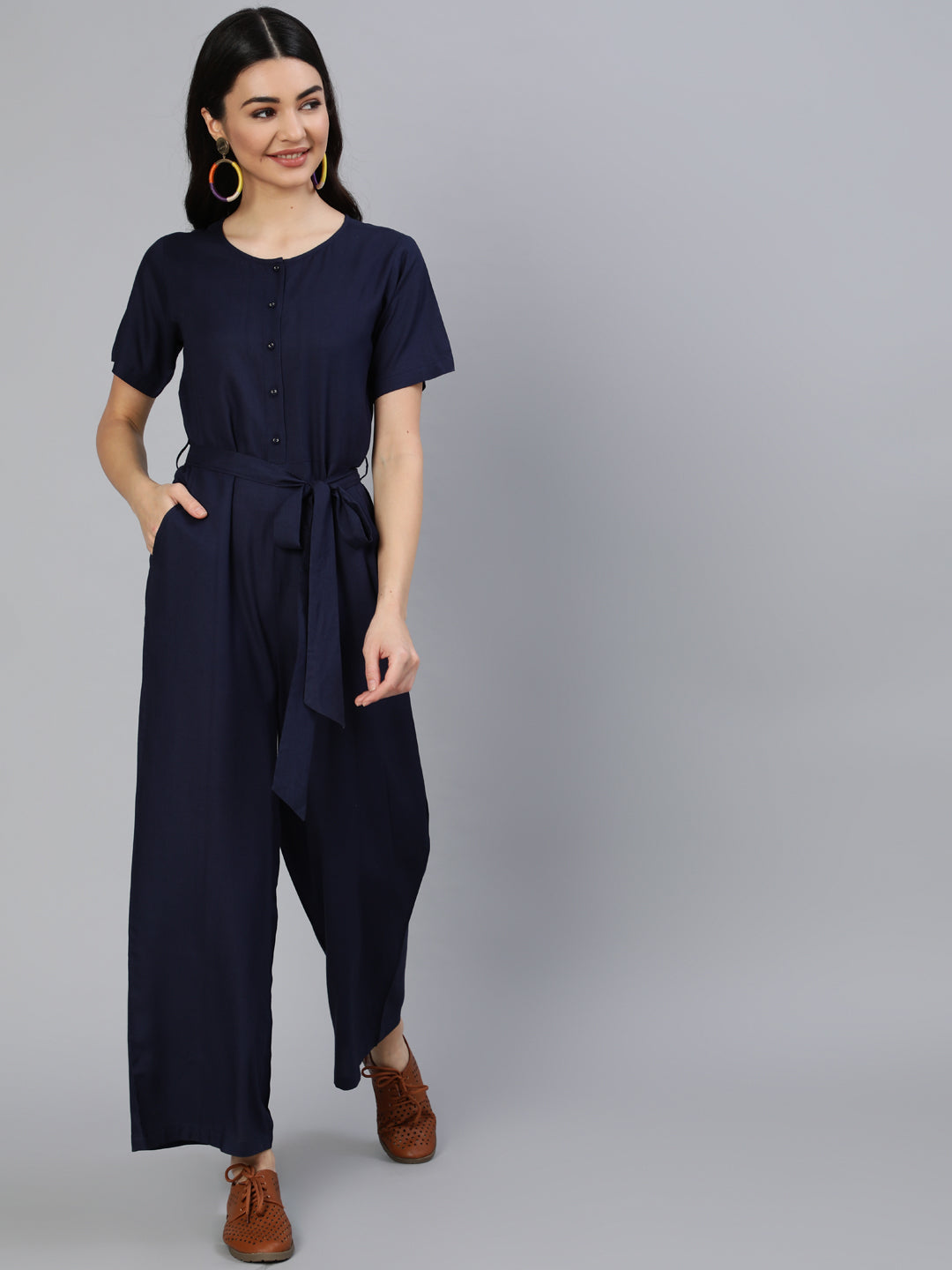 Women Navy Blue Jumpsuit With Side Pockets | NOZ2TOZ - Made In INDIA.