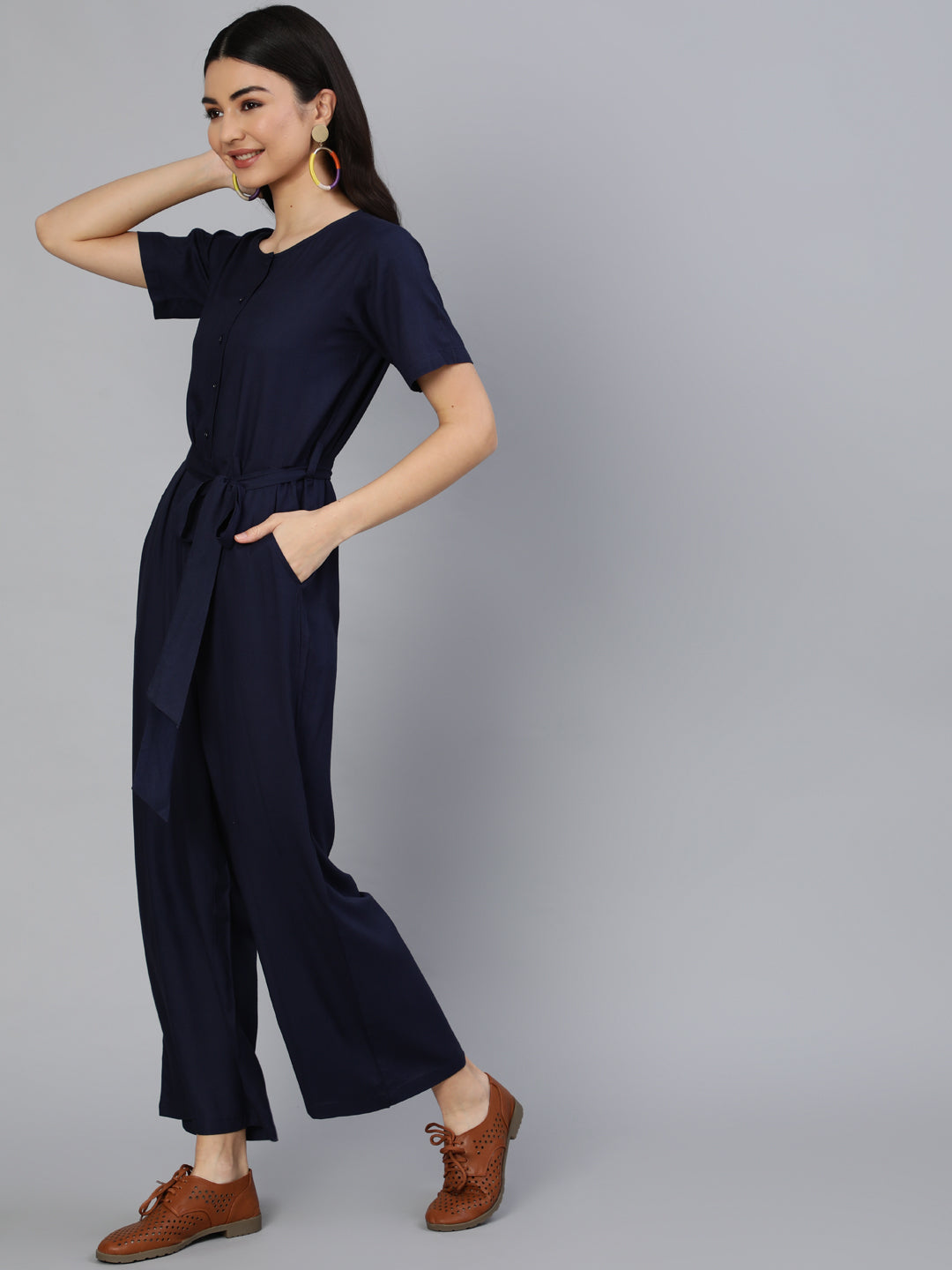 Women Navy Blue Jumpsuit With Side Pockets | NOZ2TOZ - Made In INDIA.