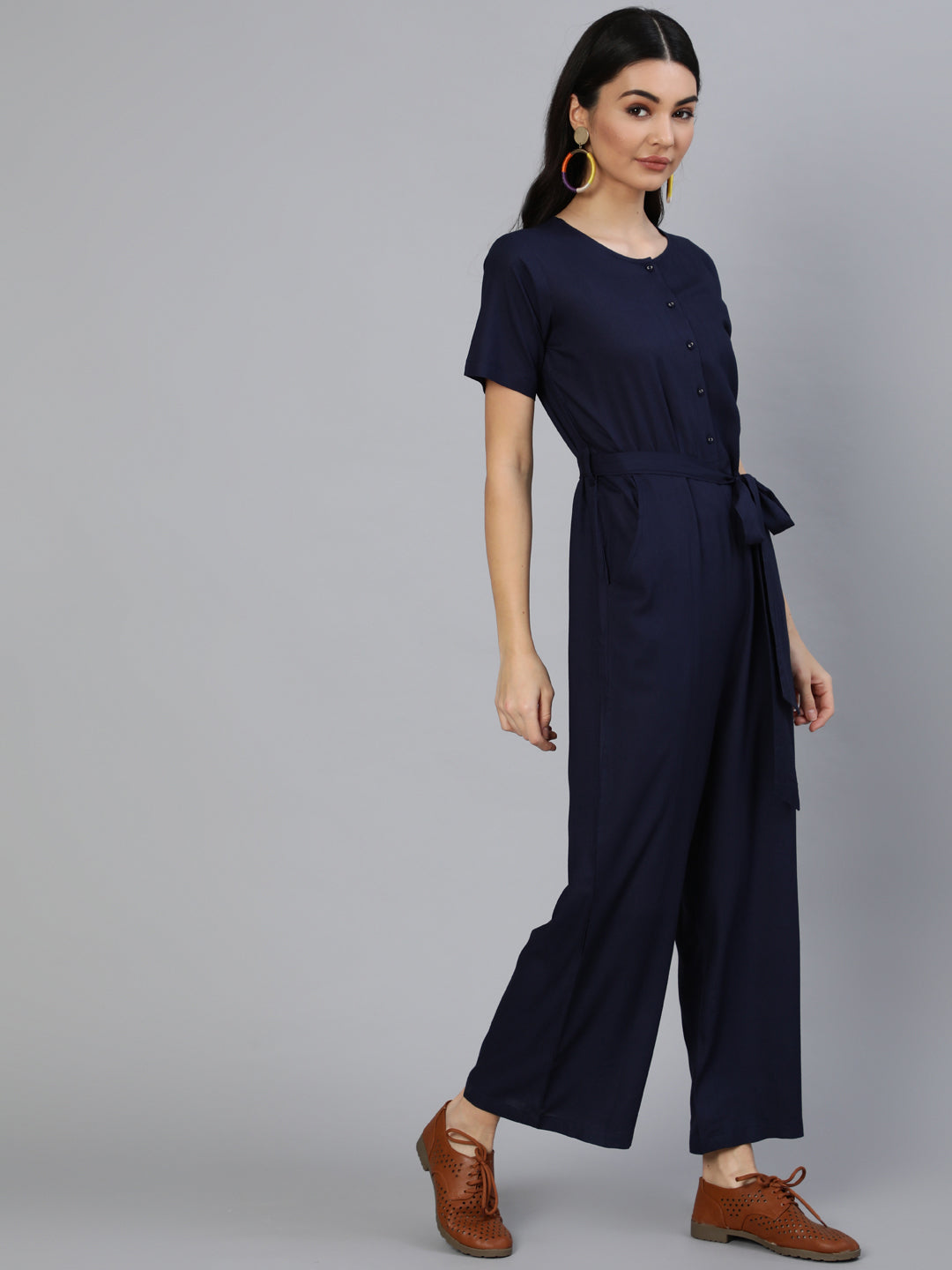 Women Navy Blue Jumpsuit With Side Pockets | NOZ2TOZ - Made In INDIA.