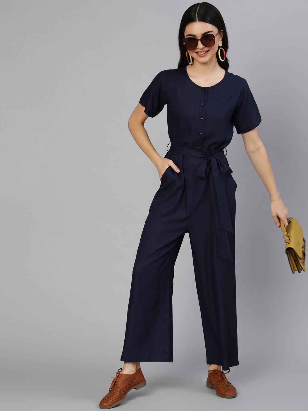 Women Navy Blue Jumpsuit With Side Pockets | NOZ2TOZ - Made In INDIA.