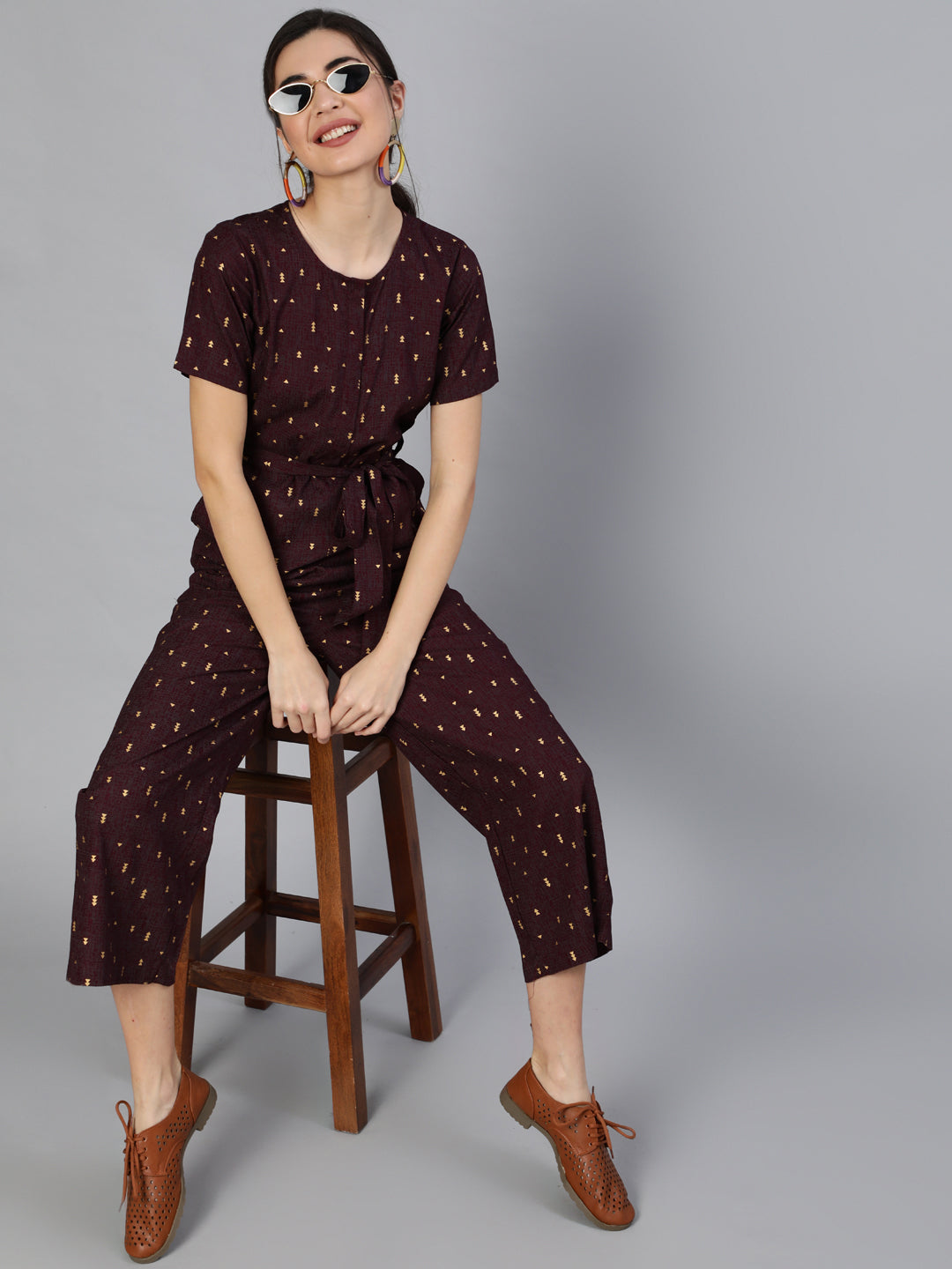 Women Burgundy Printed Jumpsuit With Side Pockets | NOZ2TOZ - Made In INDIA.