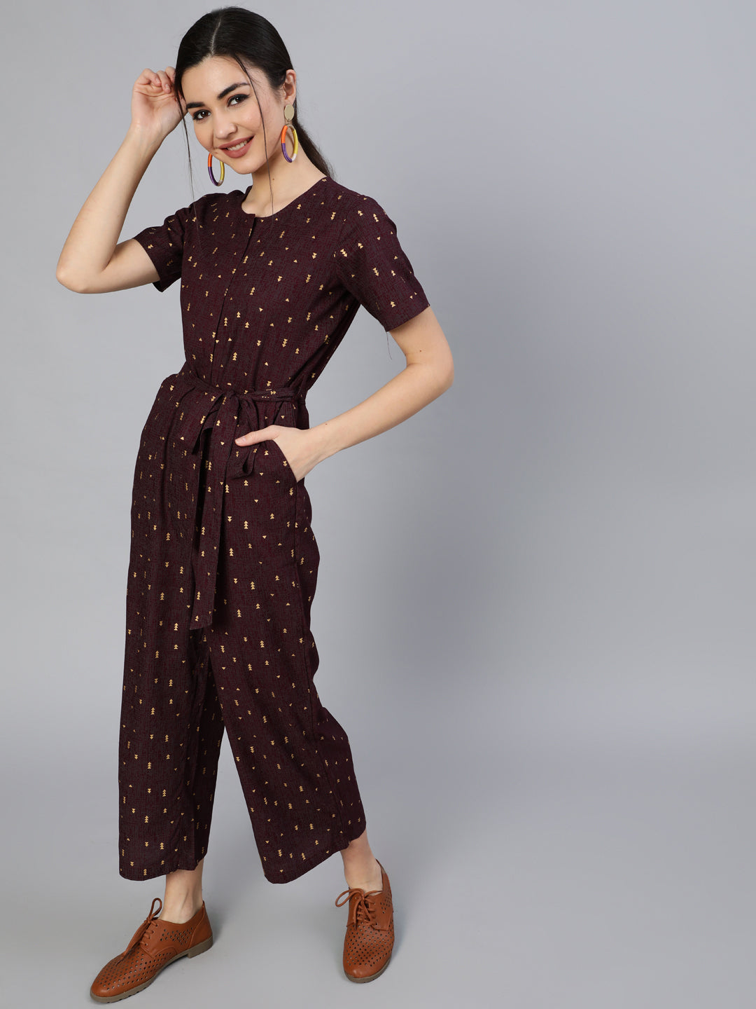 Women Burgundy Printed Jumpsuit With Side Pockets | NOZ2TOZ - Made In INDIA.