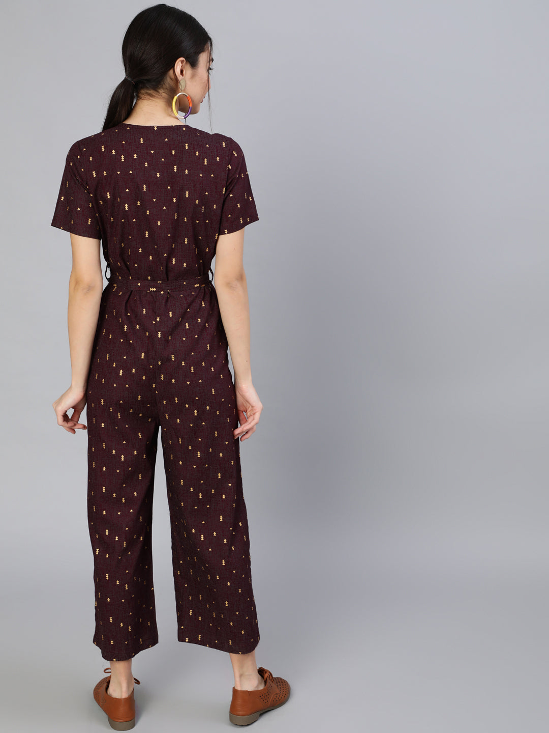 Women Burgundy Printed Jumpsuit With Side Pockets | NOZ2TOZ - Made In INDIA.