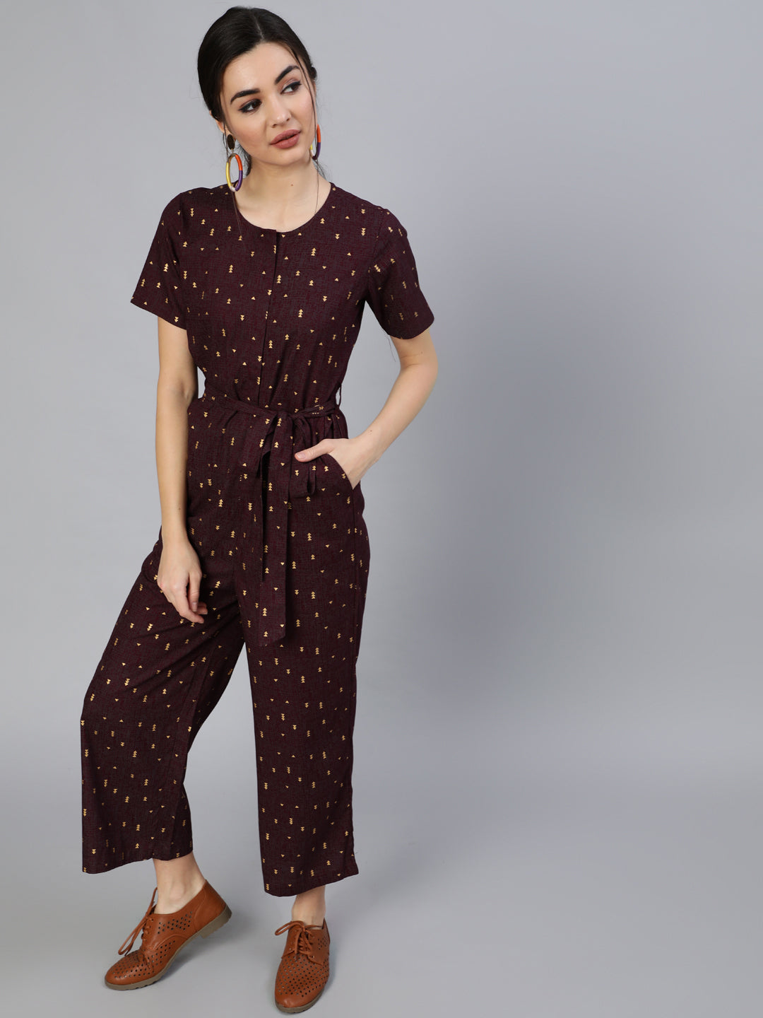 Women Burgundy Printed Jumpsuit With Side Pockets | NOZ2TOZ - Made In INDIA.