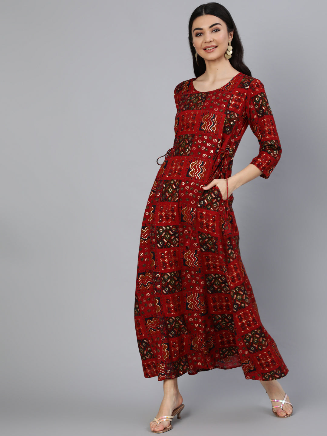 Women Red Printed Dress With Three Quarter Sleeves | NOZ2TOZ - Made In INDIA.