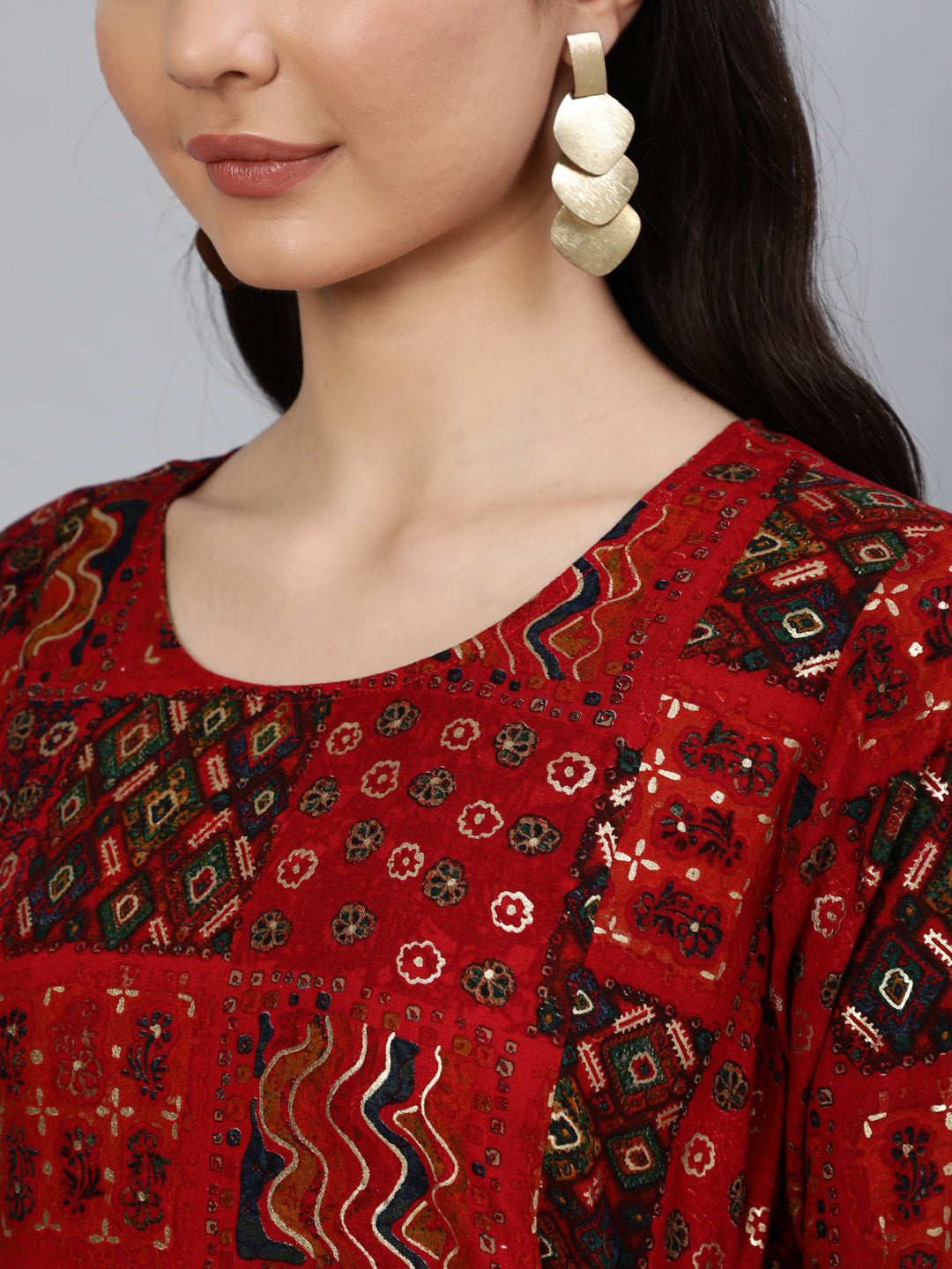 Women Red Printed Dress With Three Quarter Sleeves | NOZ2TOZ - Made In INDIA.