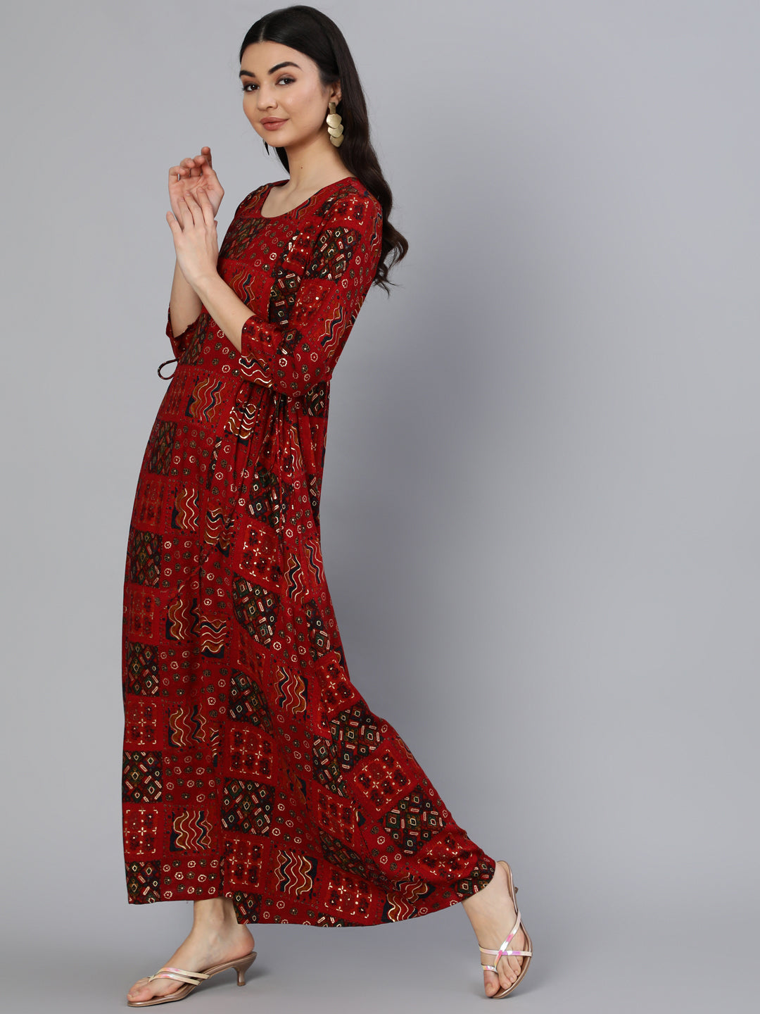 Women Red Printed Dress With Three Quarter Sleeves | NOZ2TOZ - Made In INDIA.