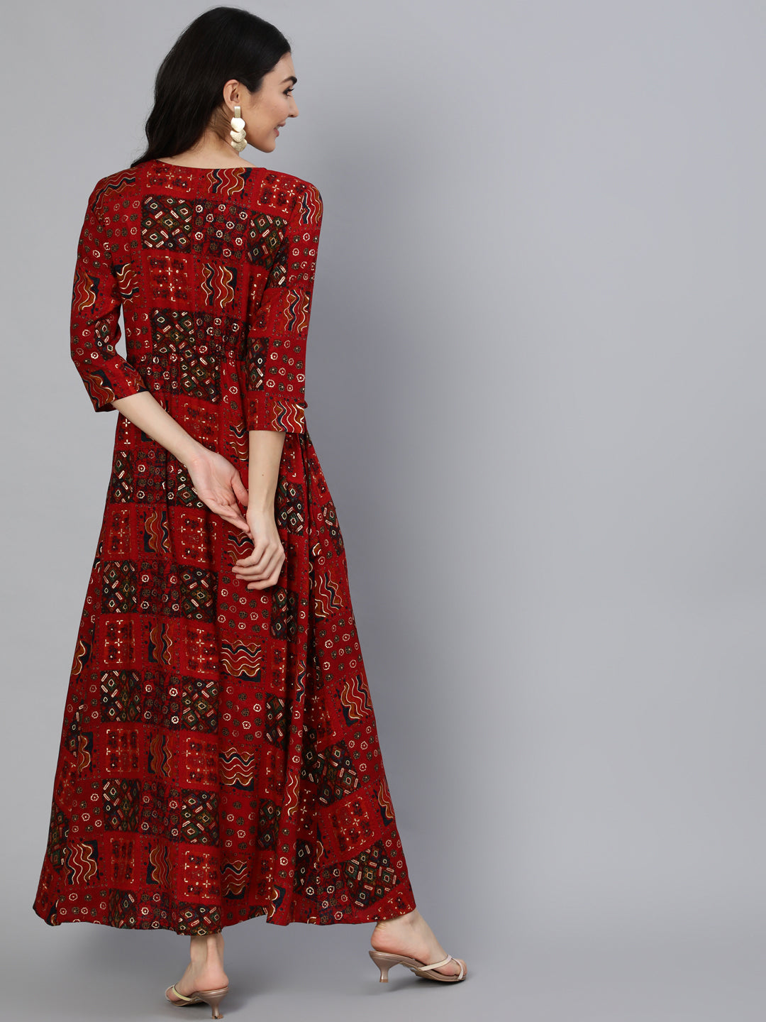 Women Red Printed Dress With Three Quarter Sleeves | NOZ2TOZ - Made In INDIA.