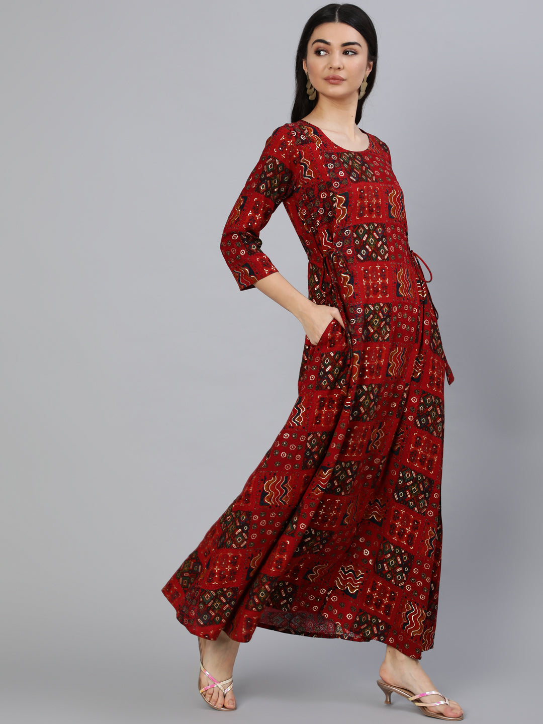 Women Red Printed Dress With Three Quarter Sleeves | NOZ2TOZ - Made In INDIA.