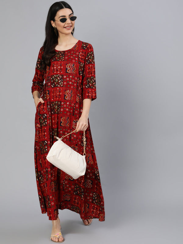 Women Red Printed Dress With Three Quarter Sleeves | NOZ2TOZ - Made In INDIA.