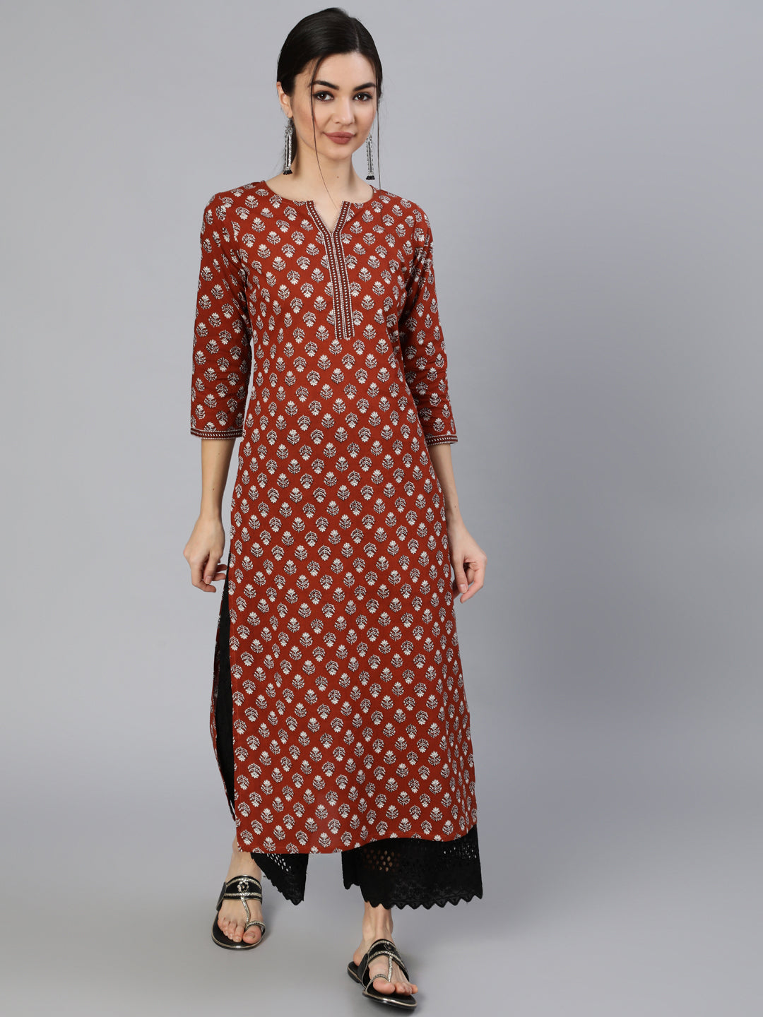 Women Maroon Ethnic Printed Straight Kurta With Three Quarter Sleeves | NOZ2TOZ - Made In INDIA.