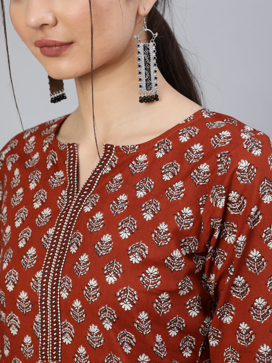 Women Maroon Ethnic Printed Straight Kurta With Three Quarter Sleeves | NOZ2TOZ - Made In INDIA.