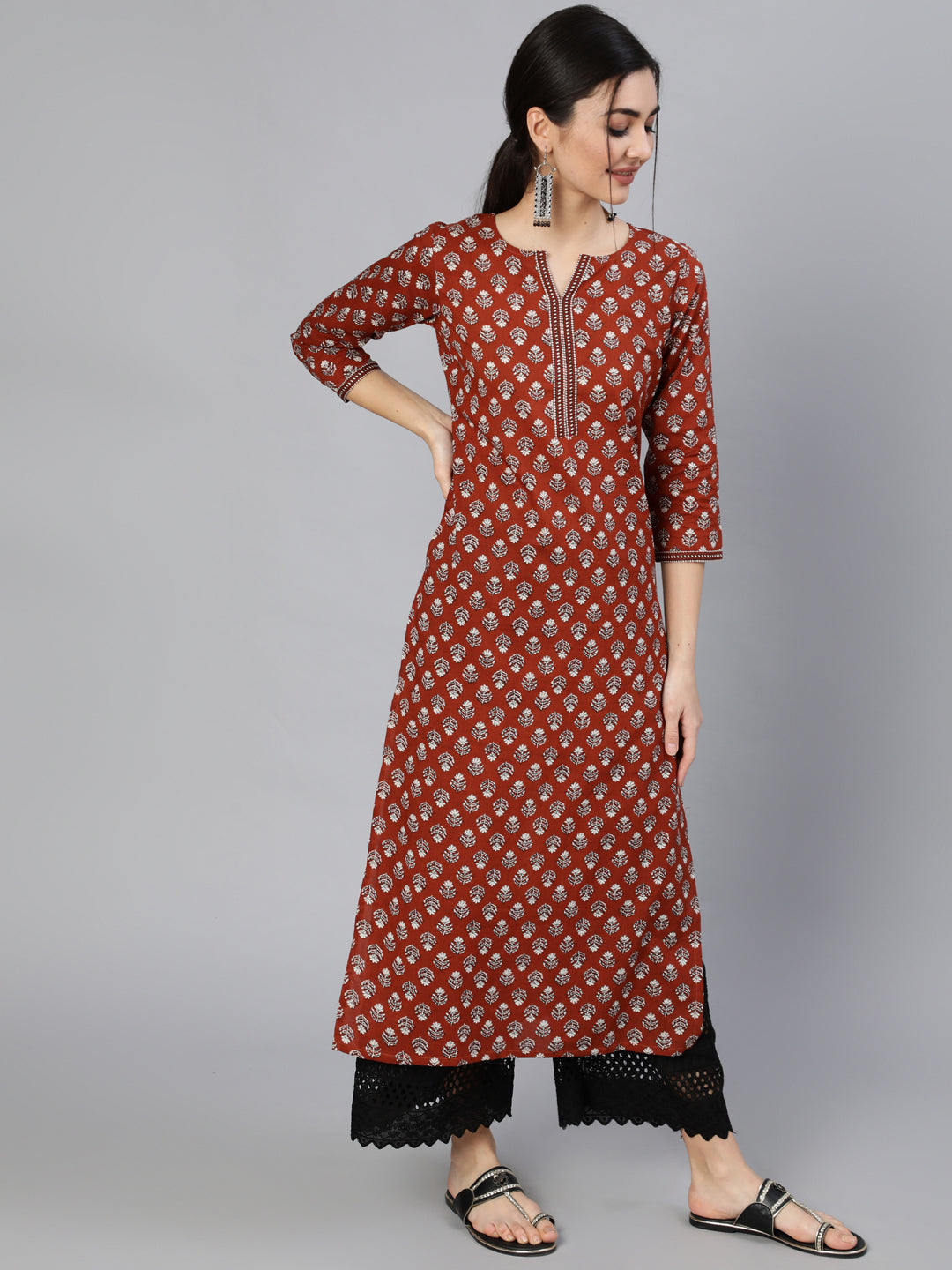 Women Maroon Ethnic Printed Straight Kurta With Three Quarter Sleeves | NOZ2TOZ - Made In INDIA.