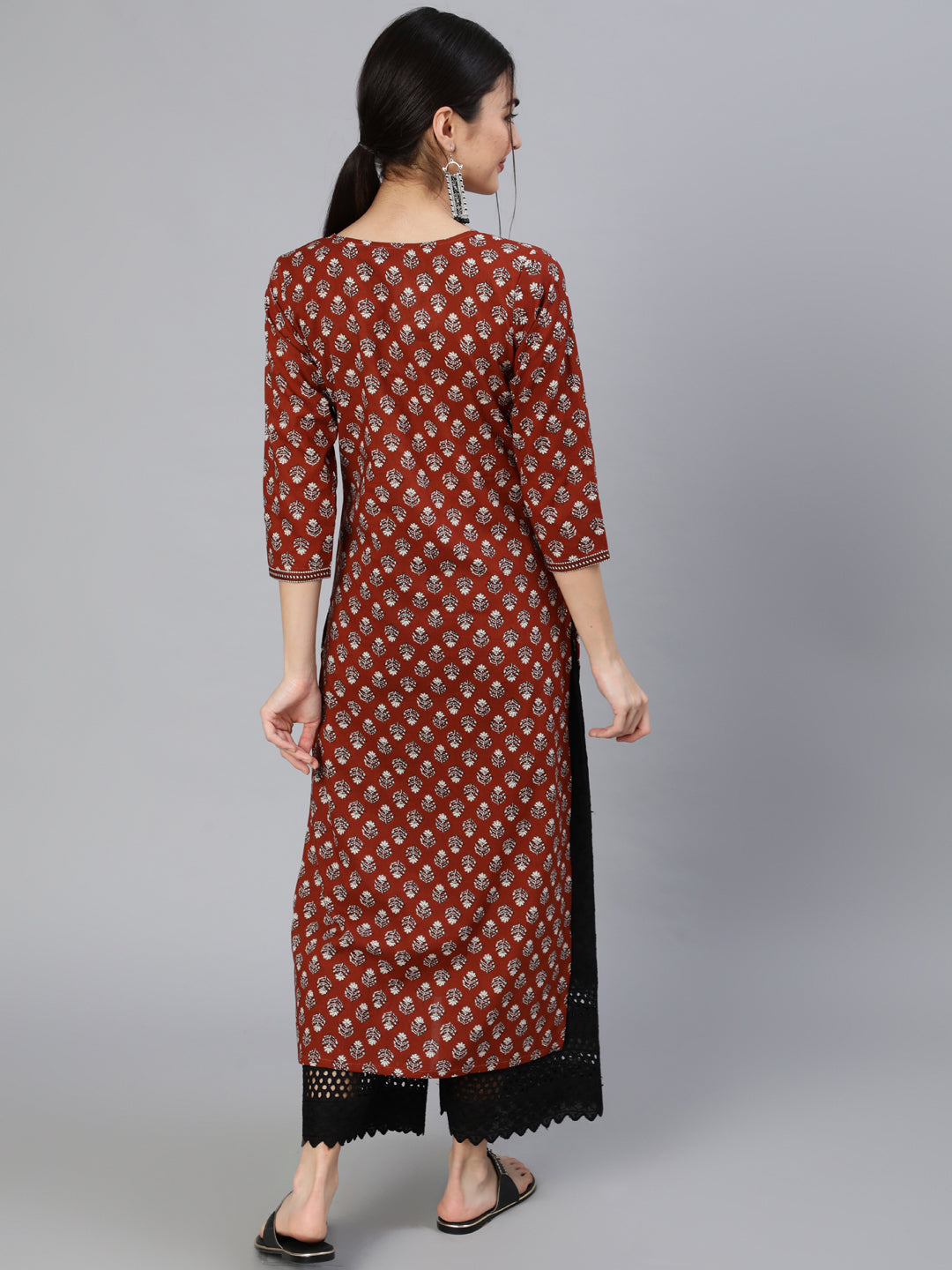 Women Maroon Ethnic Printed Straight Kurta With Three Quarter Sleeves | NOZ2TOZ - Made In INDIA.