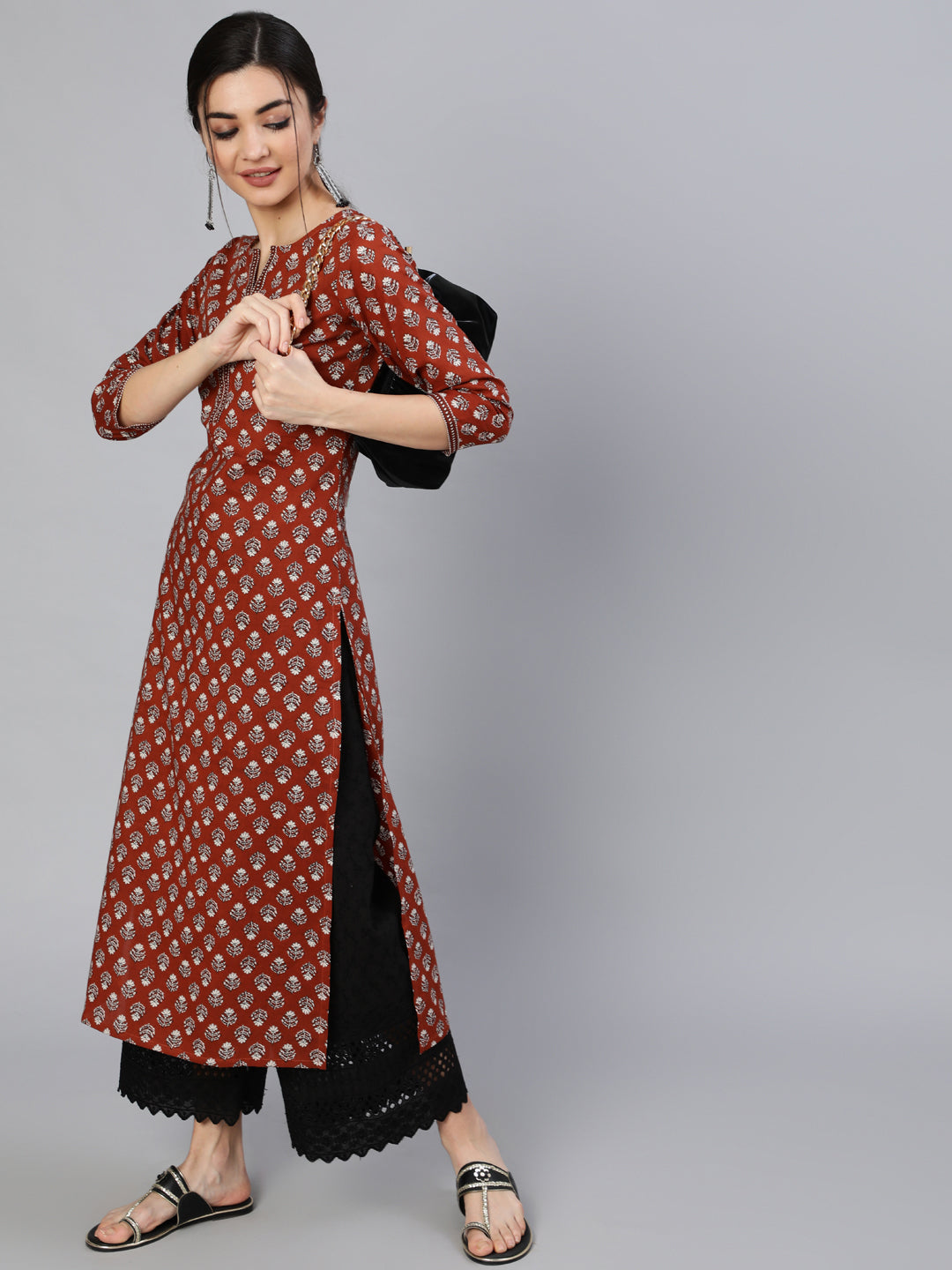 Women Maroon Ethnic Printed Straight Kurta With Three Quarter Sleeves | NOZ2TOZ - Made In INDIA.