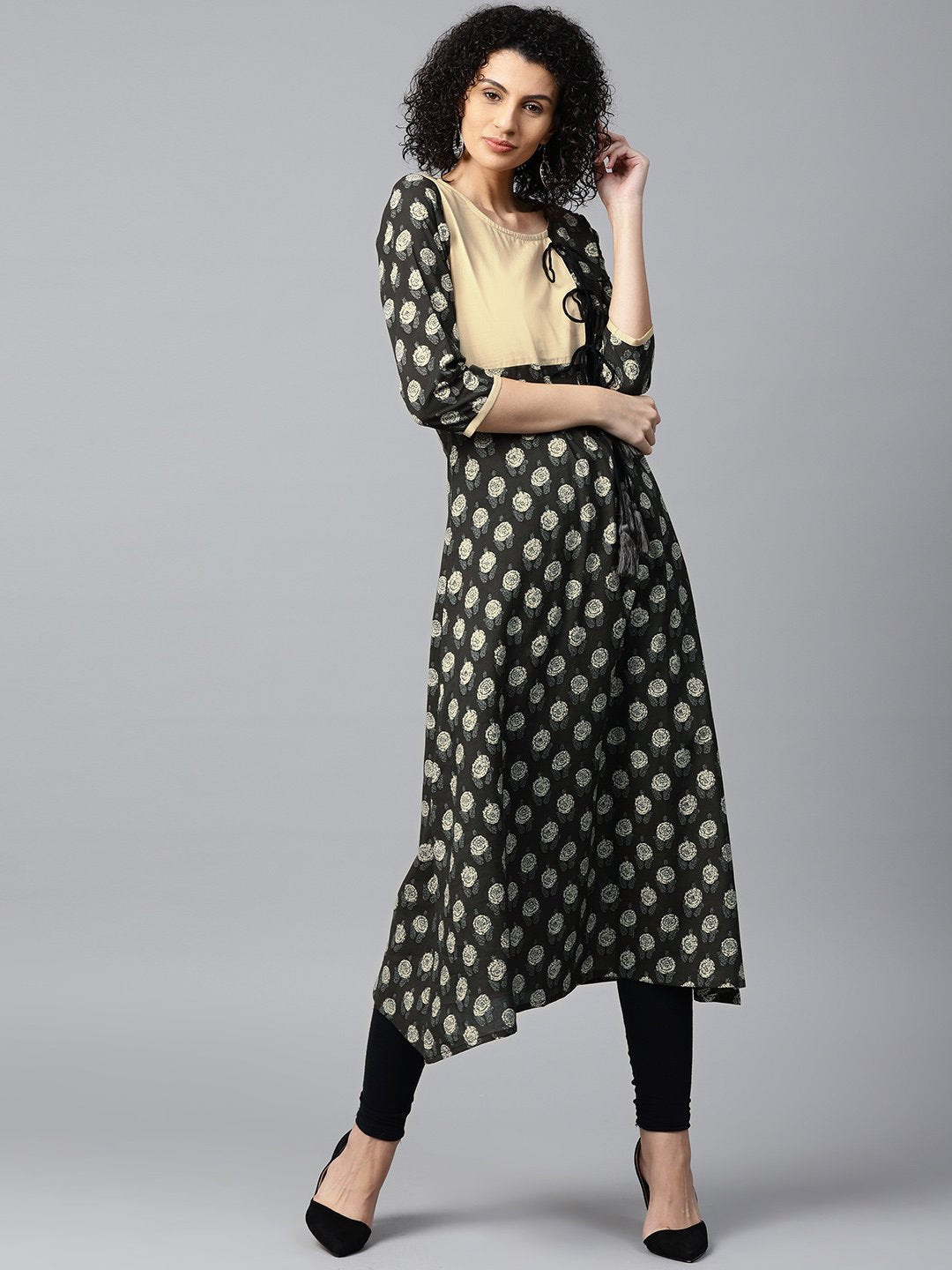 Women Charcoal Grey & Beige Printed A-Line Kurta | NOZ2TOZ - Made In INDIA.