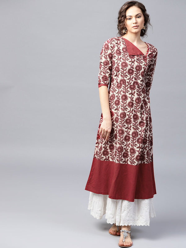 Maroon printed 3/4 sleeve cotton A-Line kurta | NOZ2TOZ - Made In INDIA.