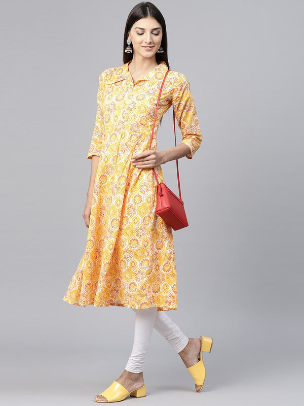 Yellow printed 3/4 sleeve cotton Anarkali Kurta with front hanging | NOZ2TOZ - Made In INDIA.