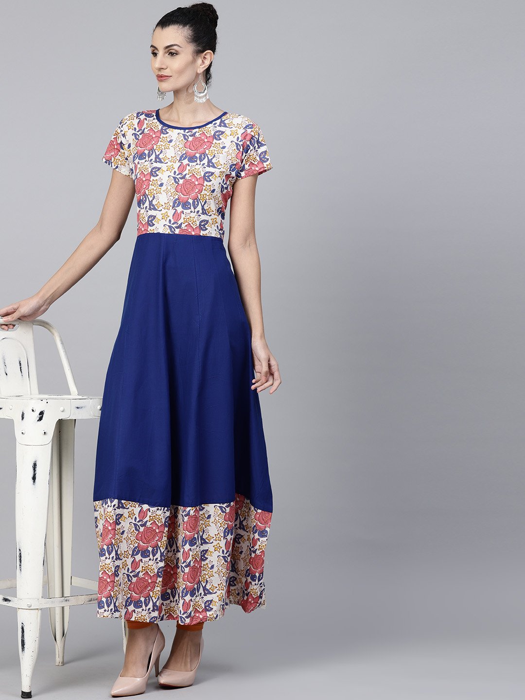 Blue cap sleeve cotton anarkali kurta with printed yoke | NOZ2TOZ - Made In INDIA.