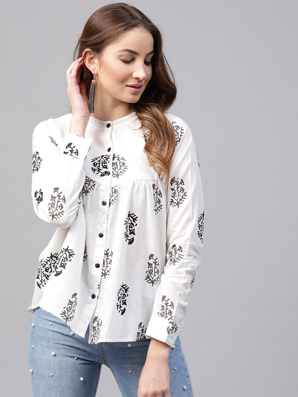 White Printed Full sleeve cotton flared Tunics | NOZ2TOZ - Made In INDIA.