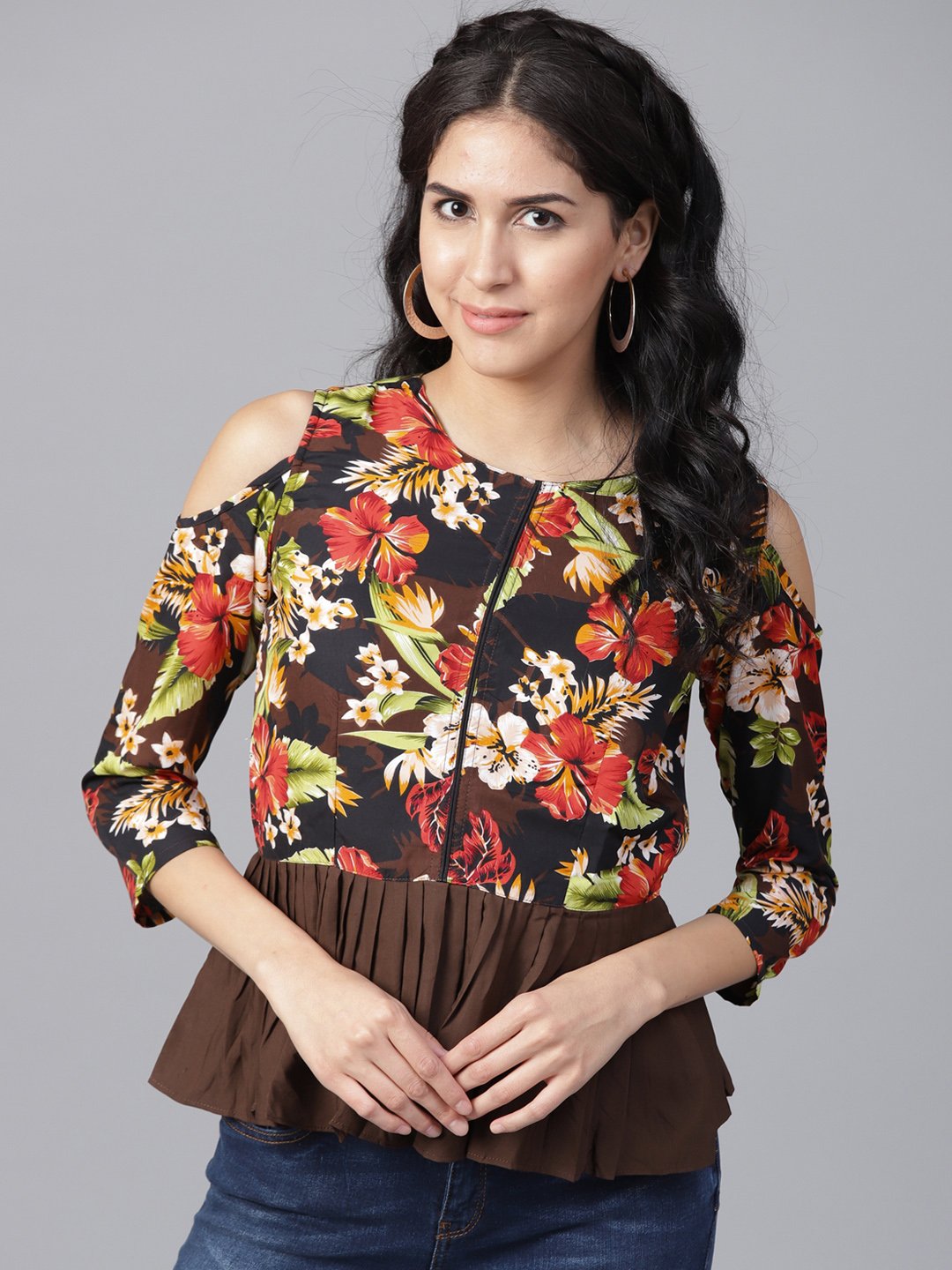 Black printed crepe cold shoulder 3/4th sleeve top | NOZ2TOZ - Made In INDIA.