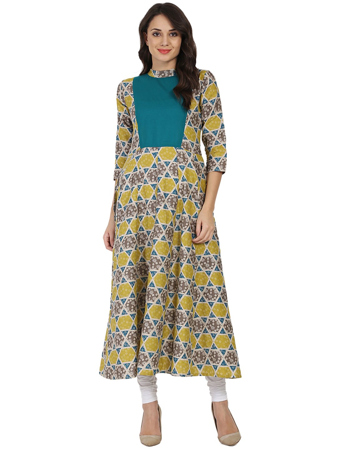 Yellow & grey printed 3/4th sleeve cotton anarkali kurta | NOZ2TOZ - Made In INDIA.