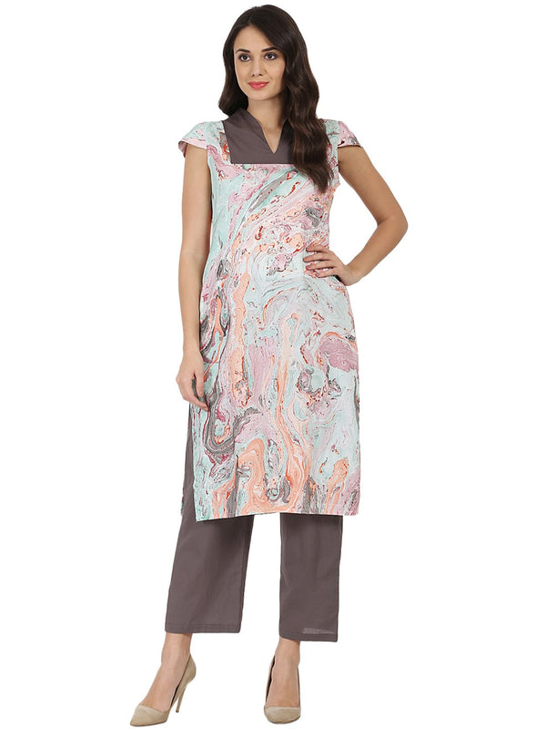 Multi Marbal printed Cotton sleeveless kurta with grey palazzo | NOZ2TOZ - Made In INDIA.