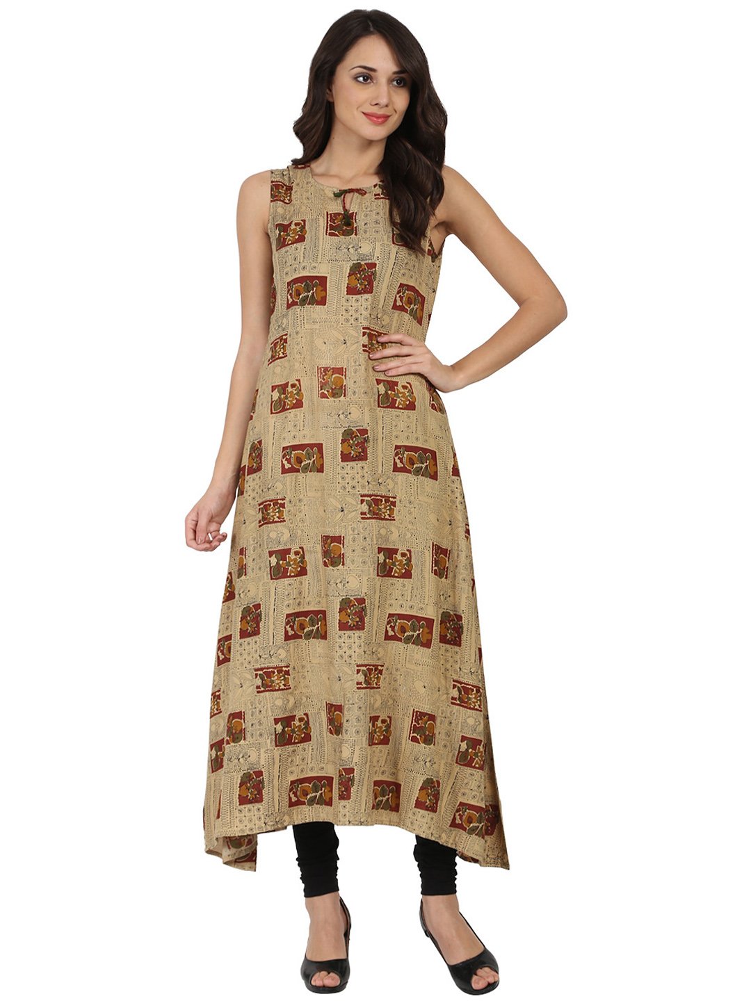 Beige printed sleeveless cotton Anarkali kurta | NOZ2TOZ - Made In INDIA.