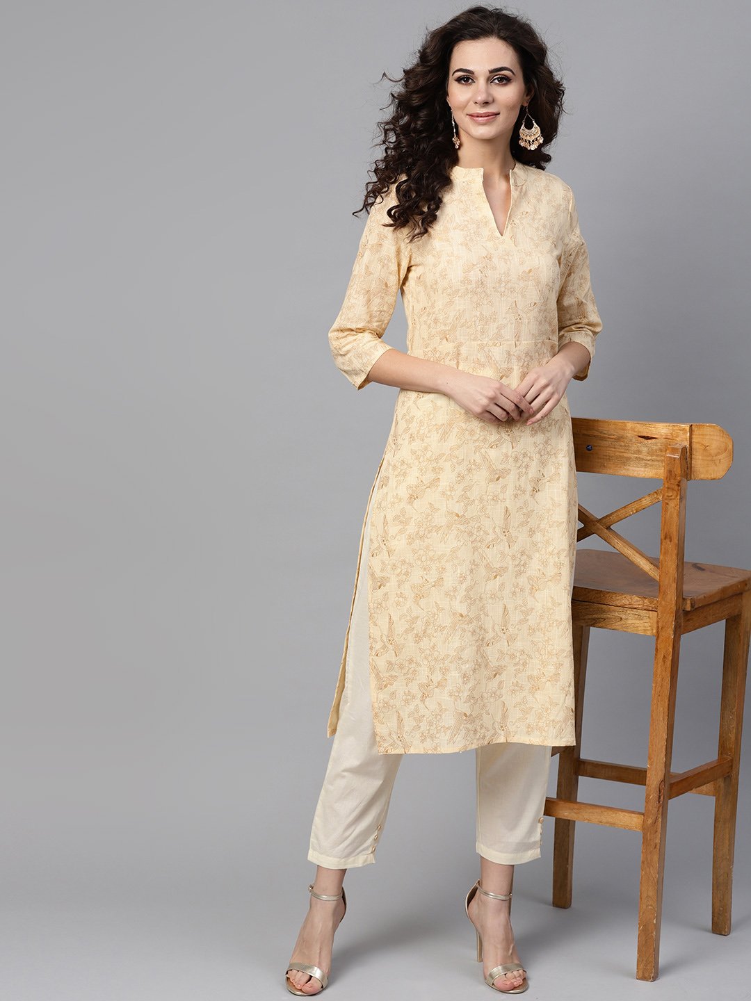 Cream & Gold Floral printed Kurta Set with Solid Cream pants | NOZ2TOZ - Made In INDIA.