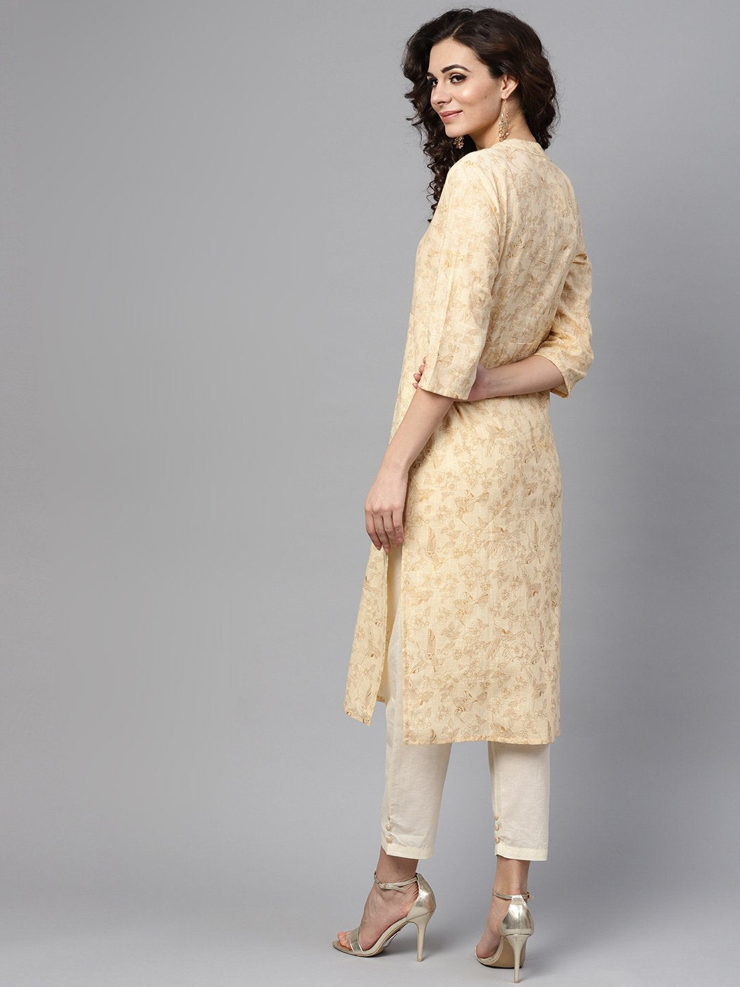 Cream & Gold Floral printed Kurta Set with Solid Cream pants | NOZ2TOZ - Made In INDIA.