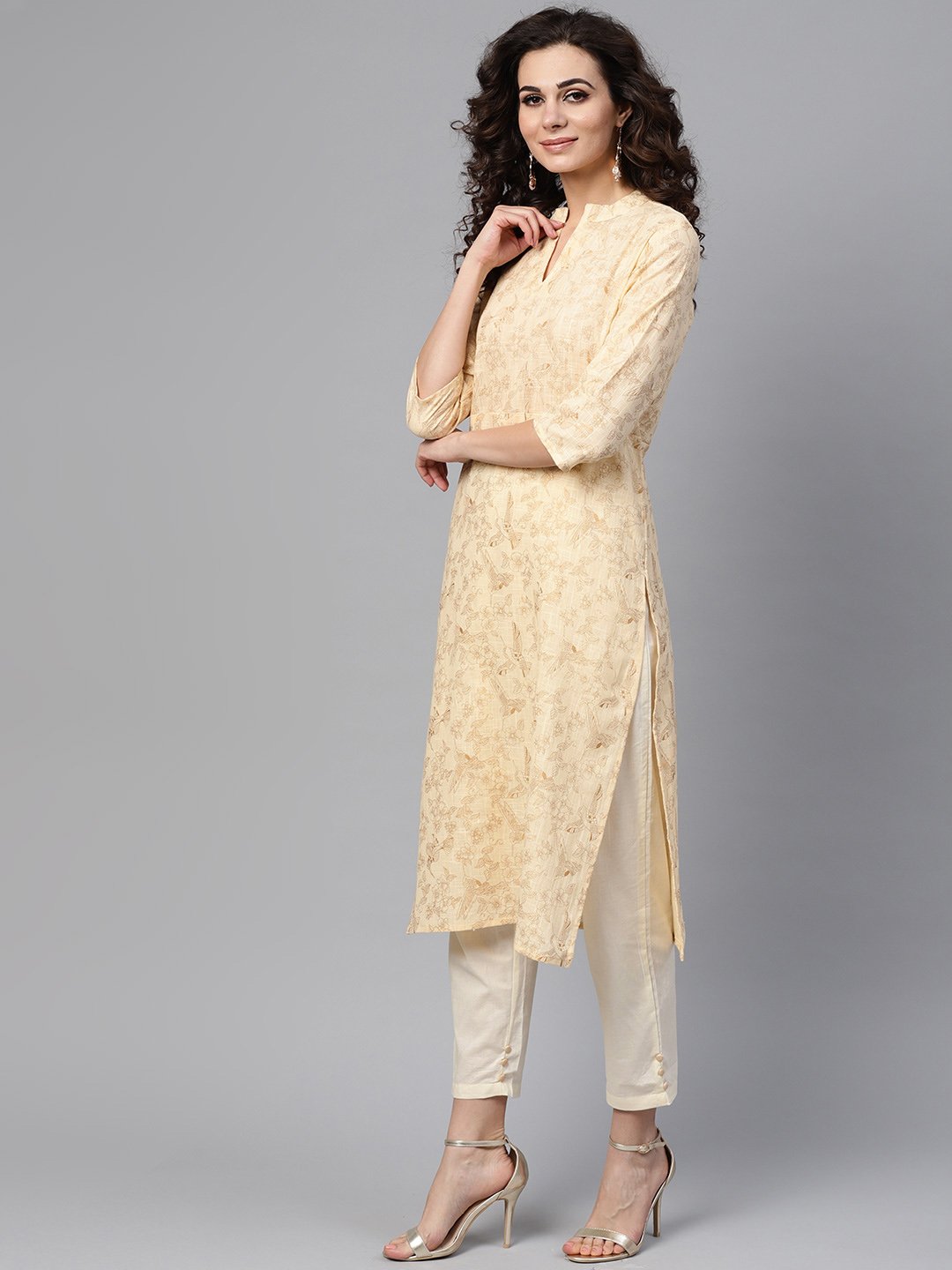 Cream & Gold Floral printed Kurta Set with Solid Cream pants | NOZ2TOZ - Made In INDIA.