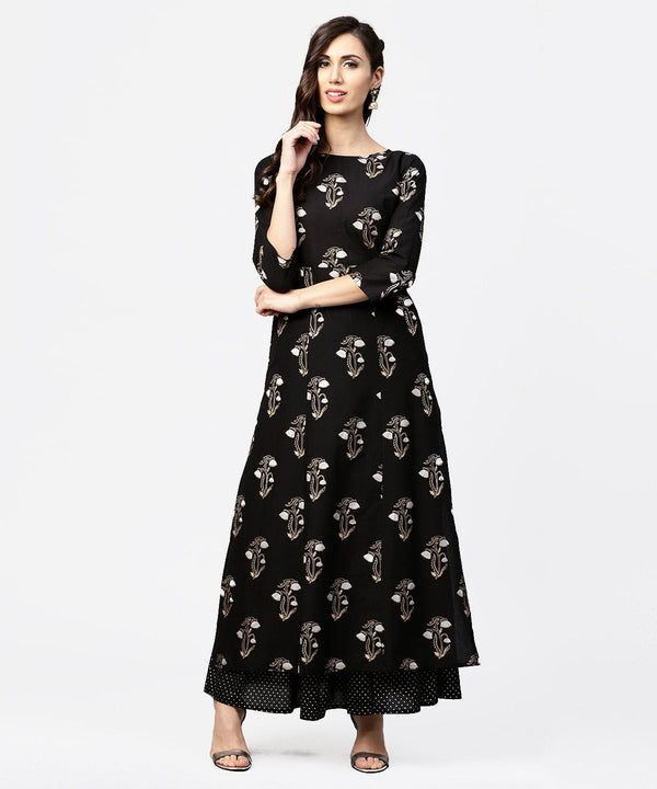 Black printed 3/4th sleeve cotton kurta with printed skirt | NOZ2TOZ - Made In INDIA.