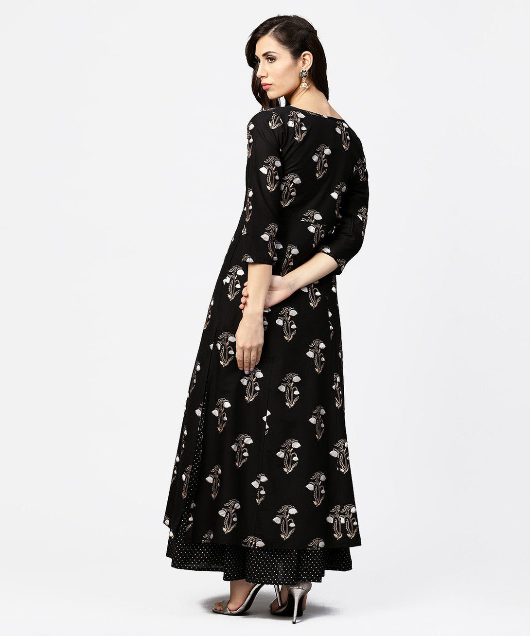 Black printed 3/4th sleeve cotton kurta with printed skirt | NOZ2TOZ - Made In INDIA.