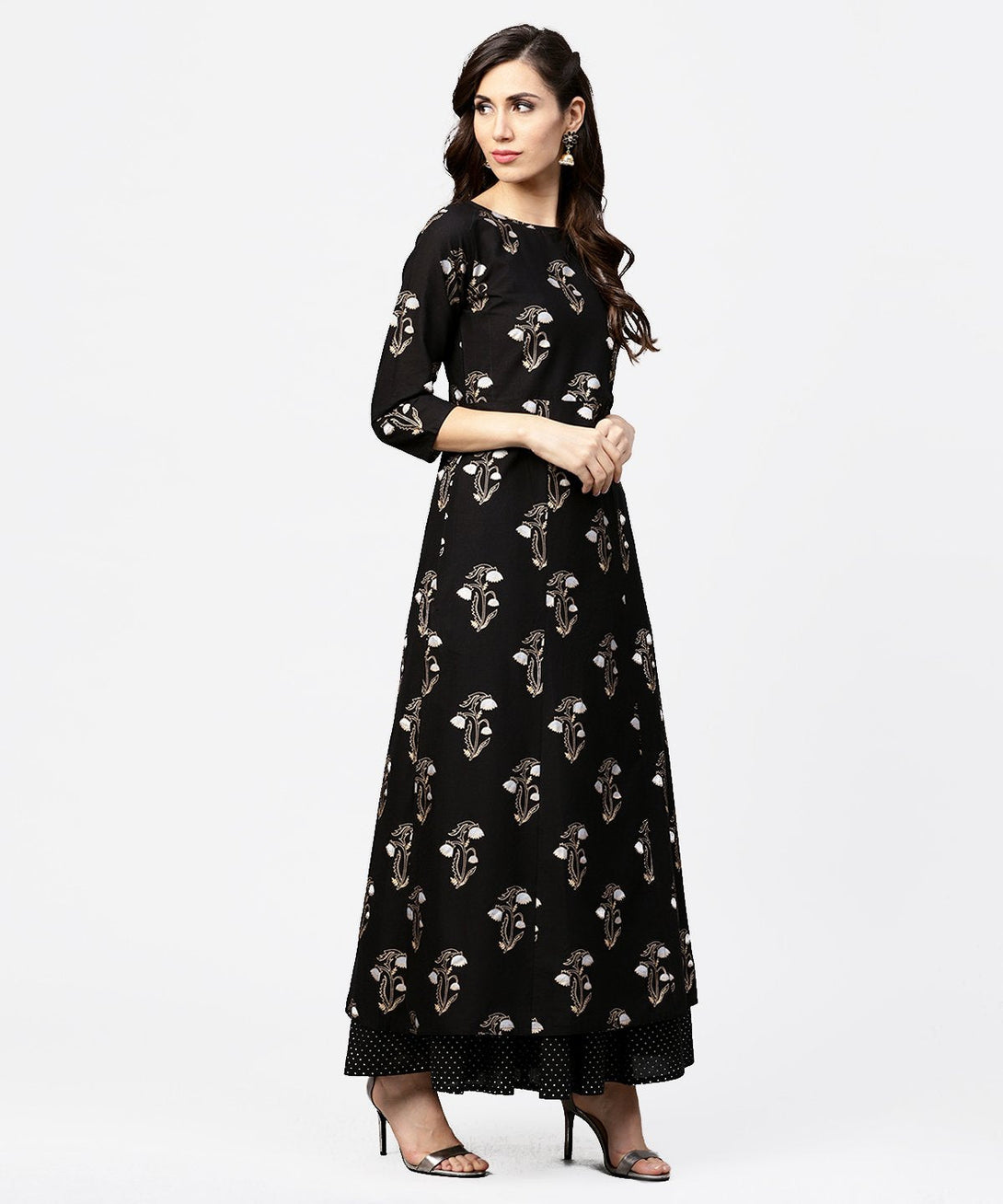 Black printed 3/4th sleeve cotton kurta with printed skirt | NOZ2TOZ - Made In INDIA.