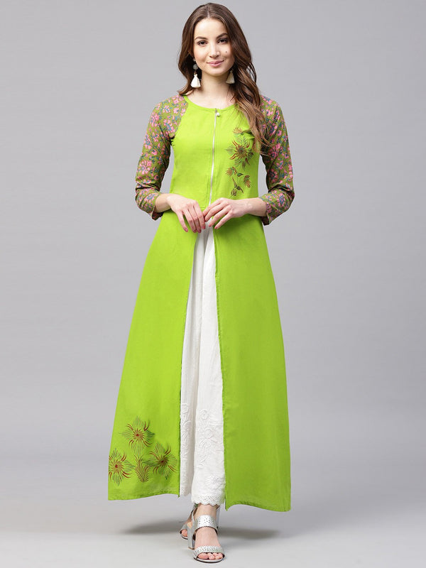 Green 3/4 sleeve cotton block printed A-line kurta with front cut | NOZ2TOZ - Made In INDIA.